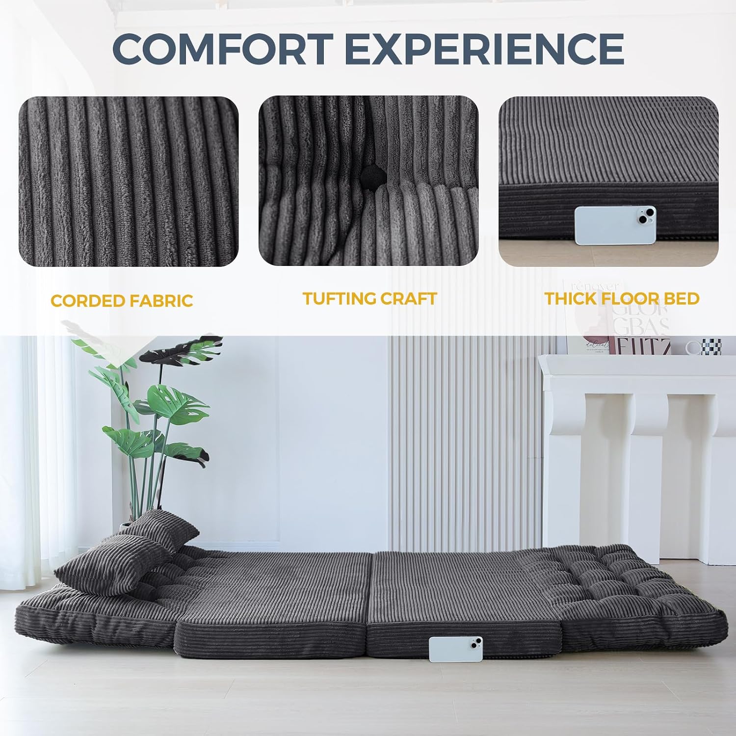 MAXYOYO Folding Sofa Bed, Tufted Bean Bag Bed with Pillows Floor Mattress for Adults, Extra Thick and Long Floor Sofa, Full Couch for Bedroom Living Room, Dark Grey, 54x91 Inch