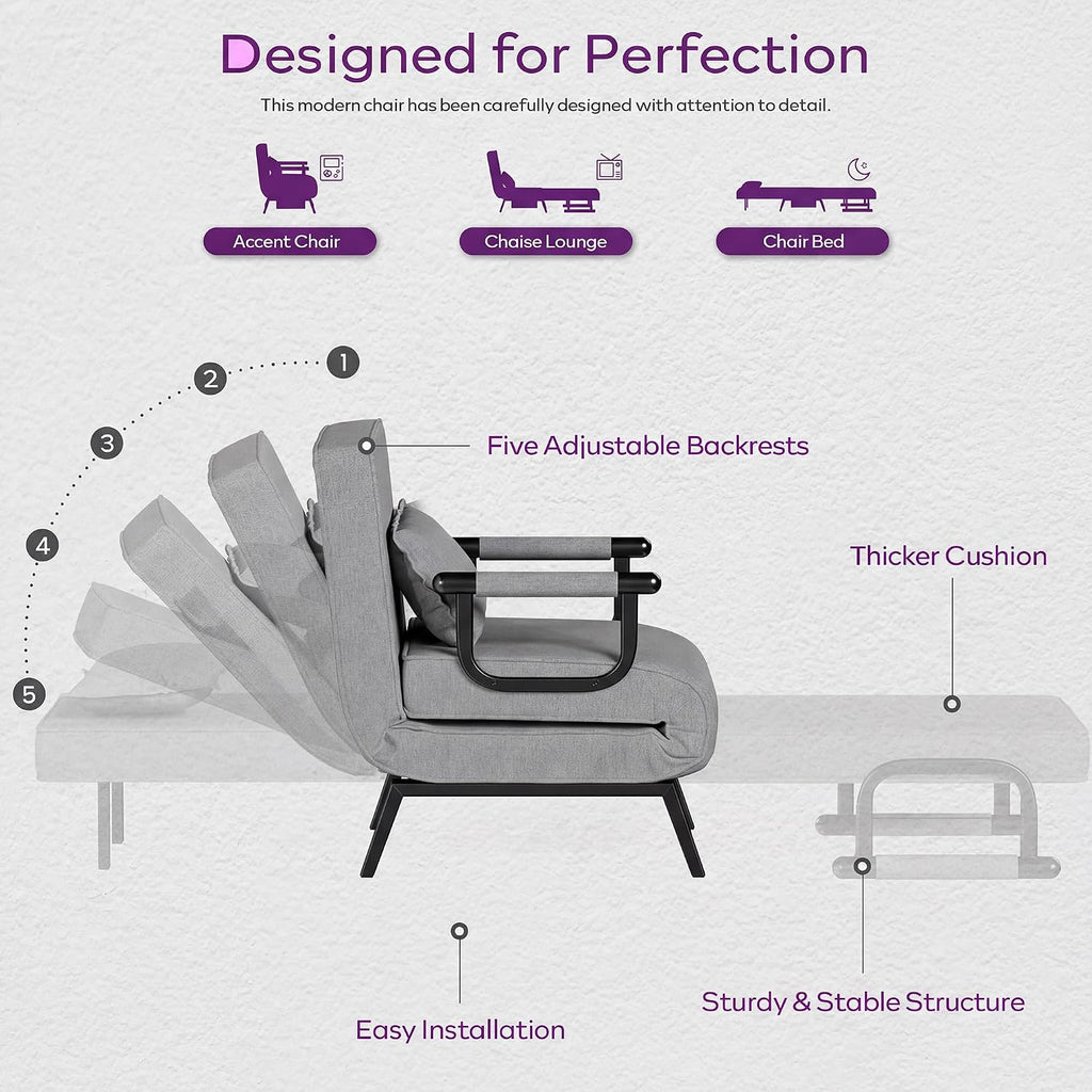 TYBOATLE Folding Chair Bed, Comfy Convertible Sleeper Sofa, 5 in 1 Folding Bed with 5-Position Adjustable Backrest & Pillow, Floor Single Chairs, Cozy Futon Chair for Small Spaces, Office (Light Grey)