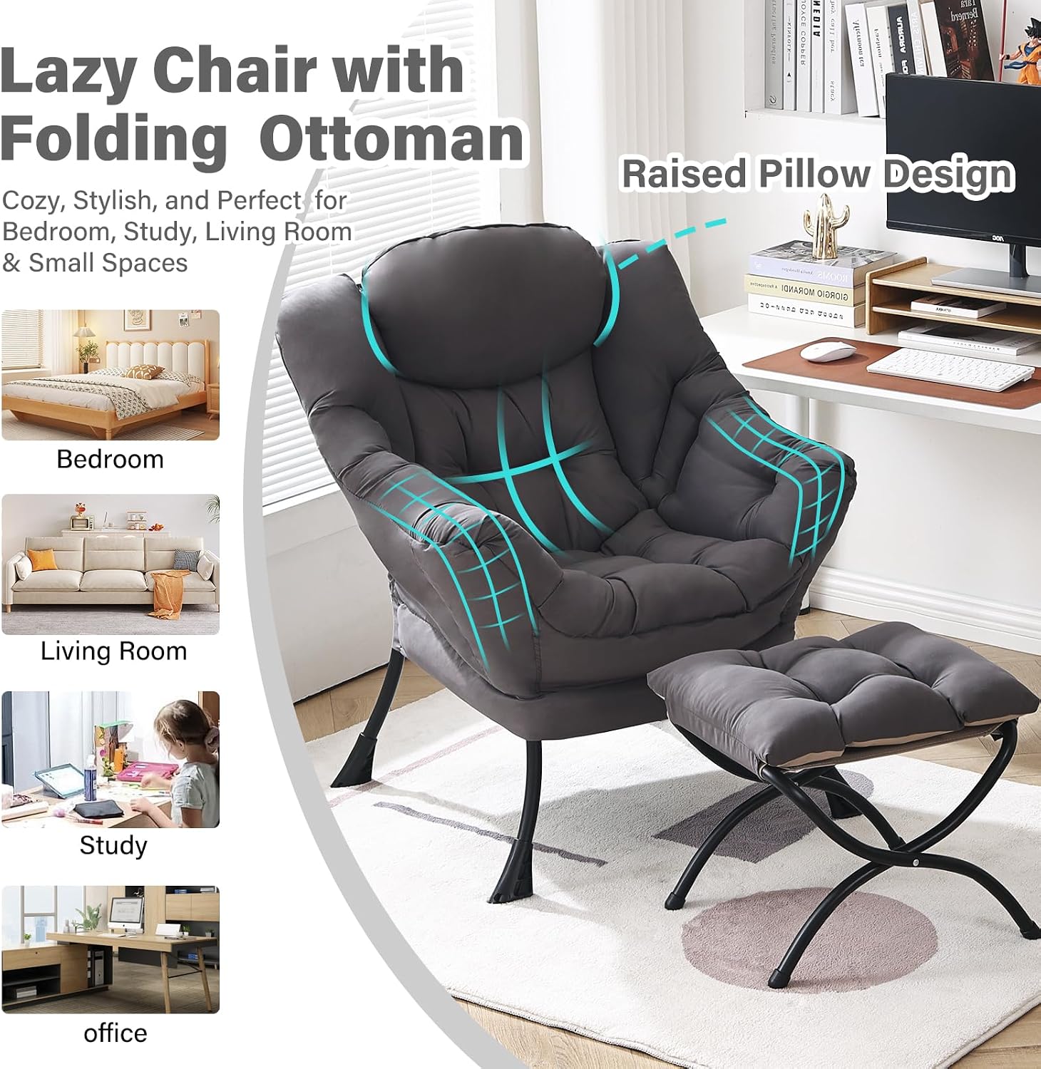 Furlide Lazy Chair with Ottoman, Modern Chair with Folding Footrest, Dark Grey Accent Chair, Comfortable Reading Chair, Oversized Armchairs for Bedroom, Study, Living Room, Courtyard