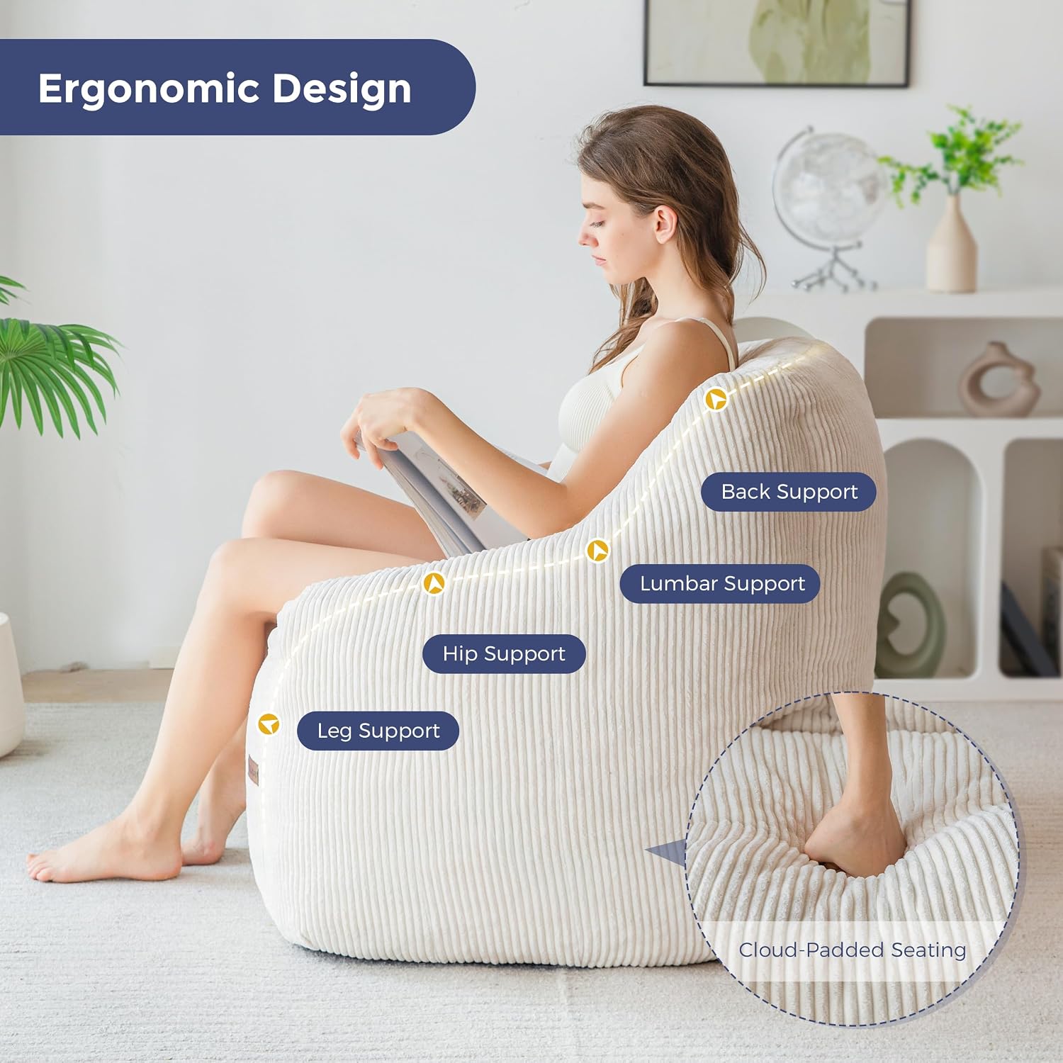 MAXYOYO Bean Bag Chair, Bean Bag Sofa with Filler, Cozy Living Room Chair for Adults and Kids, Stuffed Floor Sofa for Bedroom Dorm Reading, Beige