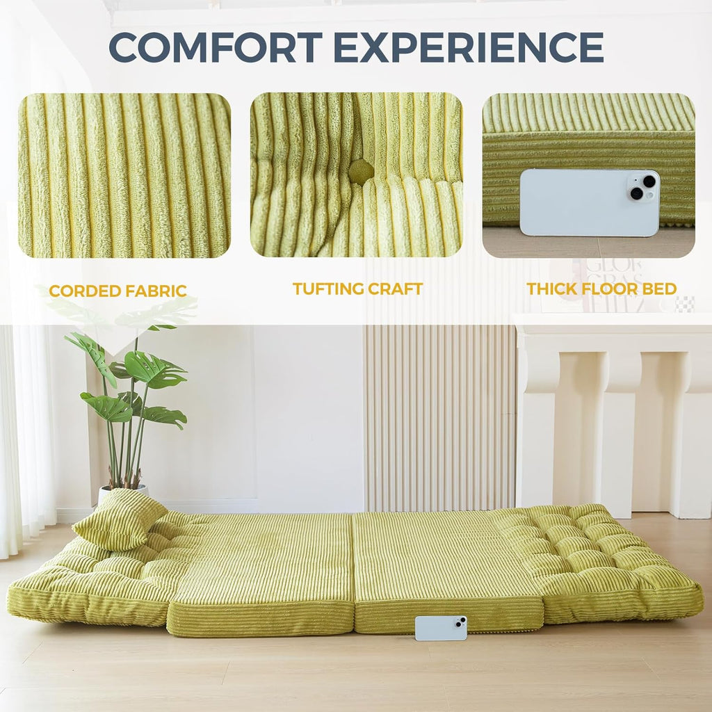 MAXYOYO Folding Sofa Bed, Tufted Bean Bag Bed with Pillows Floor Mattress for Adults, Extra Thick and Long Floor Sofa, Twin Couch for Bedroom Living Room, Green, 39x91 Inch