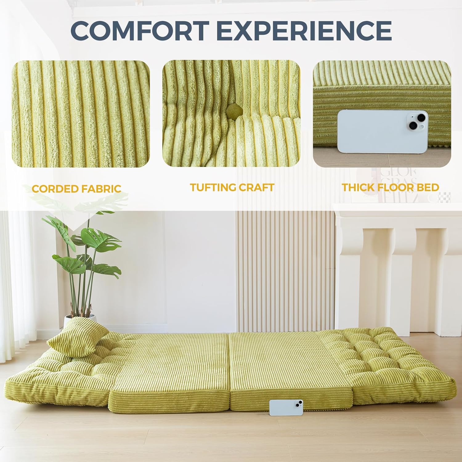 MAXYOYO Folding Sofa Bed, Tufted Bean Bag Bed with Pillows Floor Mattress for Adults, Extra Thick and Long Floor Sofa, Twin Couch for Bedroom Living Room, Green, 39x91 Inch
