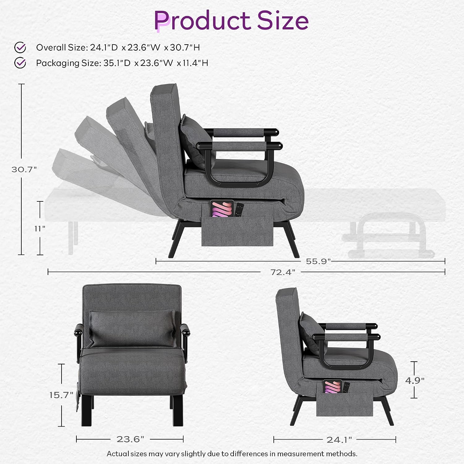 TYBOATLE Sleep Chair Bed, Comfy Convertible Sleeper Chairs for Adults, 5 in 1 Folding Sofa Bed with Adjustable Backrest & Side Pockets & Pillow, Cozy Small Couch for Small Spaces, Office (Dark Grey)