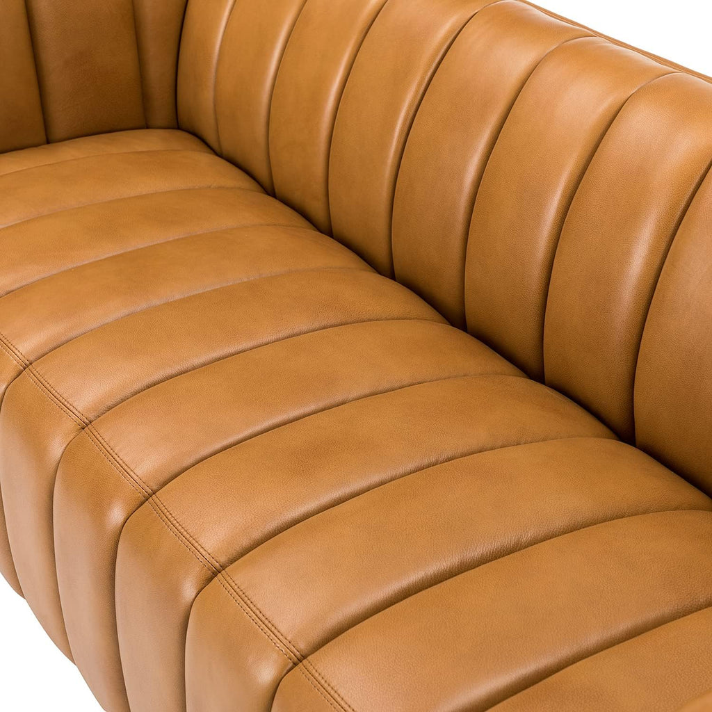HULALA HOME 83' Genuine Leather Sofa with Channel Tufted Design, 3-Seater Sofa for Living Room Bedroom, Modern Oversized Couch with Wood Legs, Camel