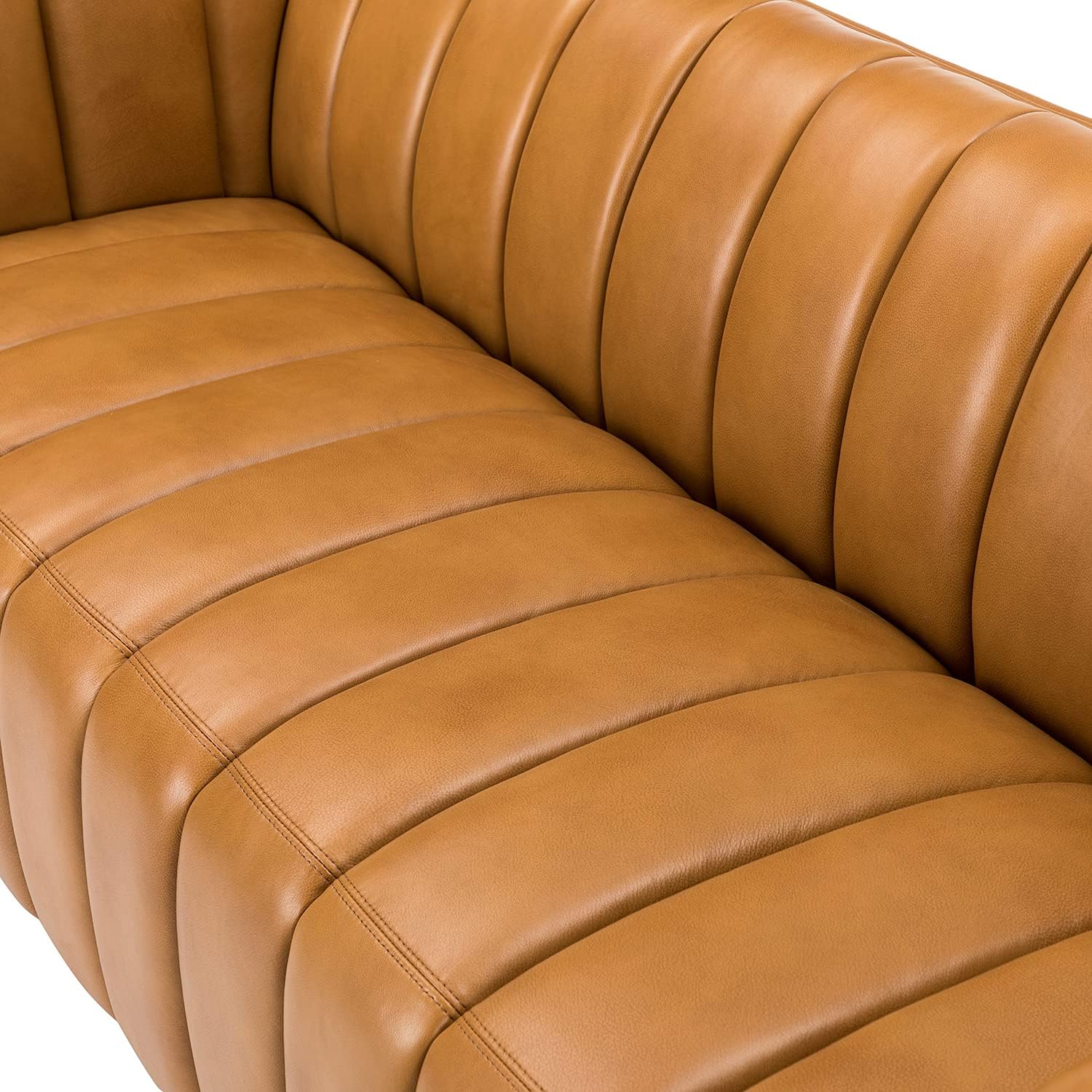 HULALA HOME 83' Genuine Leather Sofa with Channel Tufted Design, 3-Seater Sofa for Living Room Bedroom, Modern Oversized Couch with Wood Legs, Camel