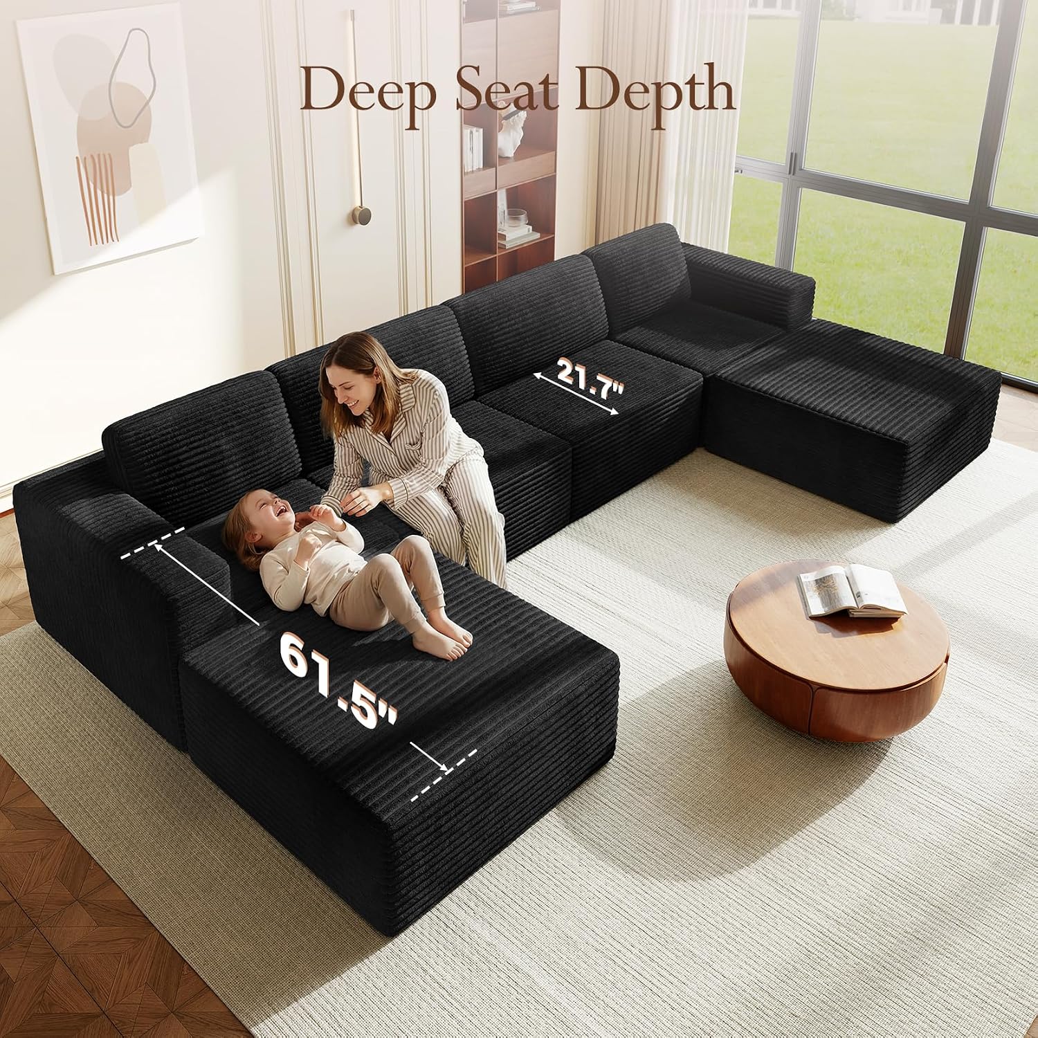 Vesgantti 159' Large Modular Sectional Sofa, U-Shaped Corduroy Cloud Couch with Deep Seats & Spring Support, 4-Seater Boneless Sofa with 2 Movable Ottomans, No Assembly Needed, Black