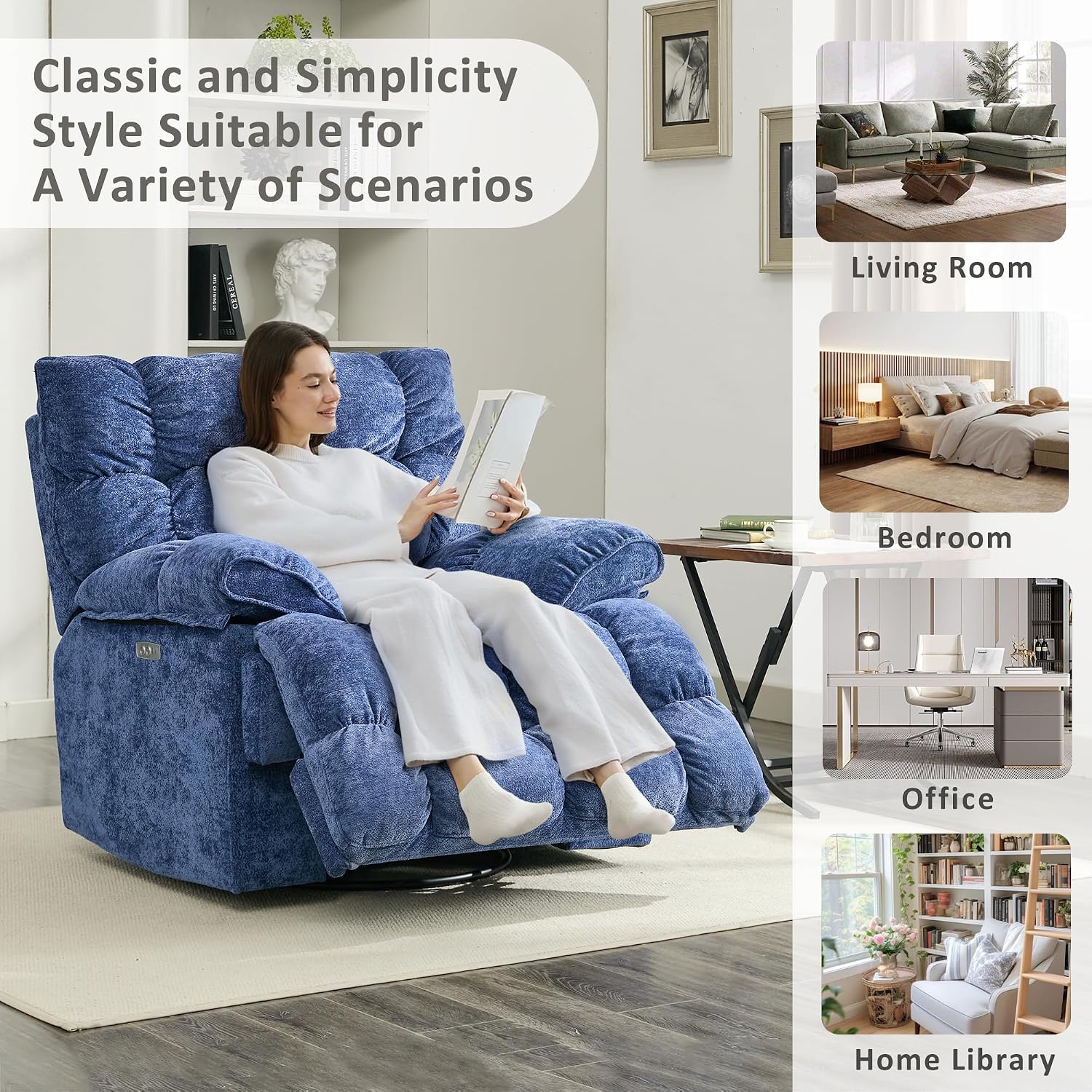 Oversized Recliner Chair, Overstuffed Swivel Rocker with Extra Wide Seat & Breathable Fabric for Living Room (Power, Blue)