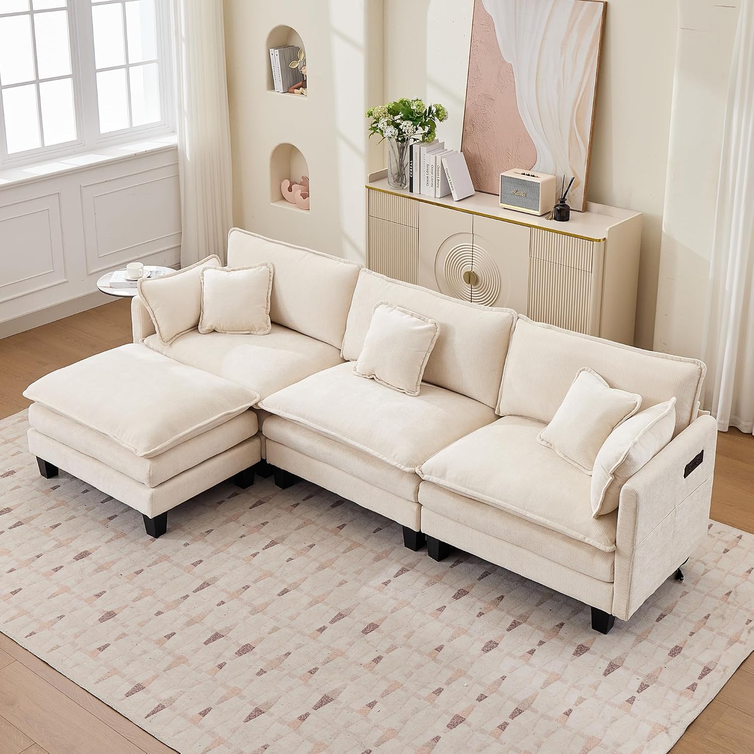 Opiesit Modular Sectional Sofa with Movable Ottoman, 110' 4-Seat Modern Couches for Living Room, Comfy L Shaped Couch Set with Deep Seat for Office and Apartment, Beige Chenille Fabric