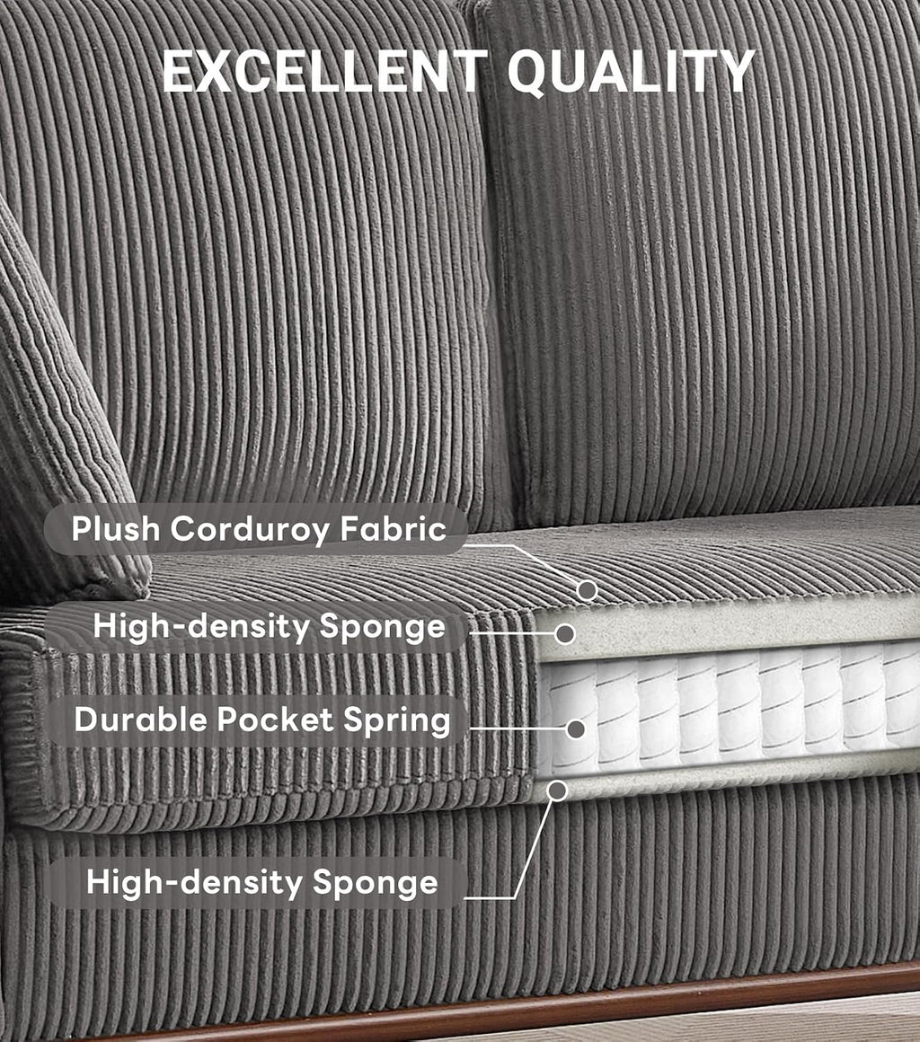 Kingfun 65' Corduroy Love Seat with Spring Cusions, Mid Century Modern Loveseat Sofa for Livingroom & Bedroom, Comfy Upholstered Small Couch, Gray