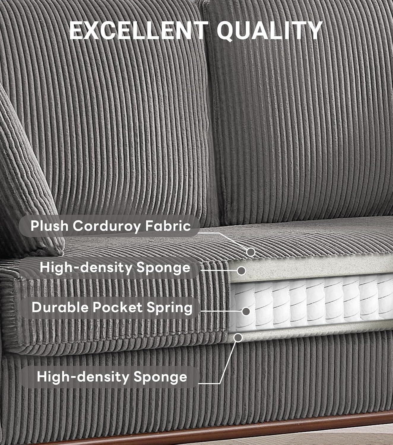 Kingfun 65' Corduroy Love Seat with Spring Cusions, Mid Century Modern Loveseat Sofa for Livingroom & Bedroom, Comfy Upholstered Small Couch, Gray