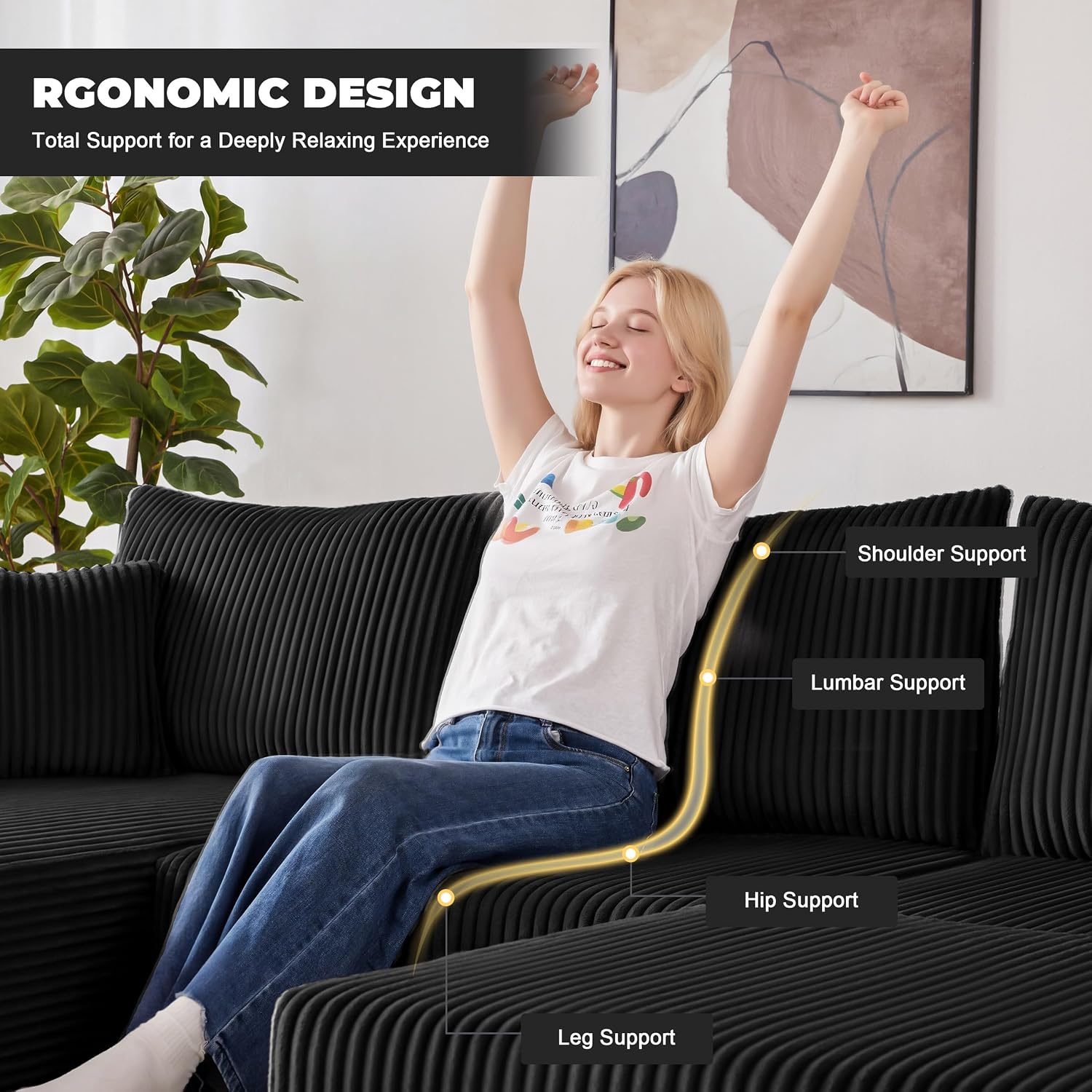 Weture 108' Modular Sectional Sofa, Cloud Sectional Couch with Deep Seat, Upholstered Boneless Couches for Living Room Bedroom, Modern Modular U-Shape Sofa Couch with Chaise, 5Seat, Black