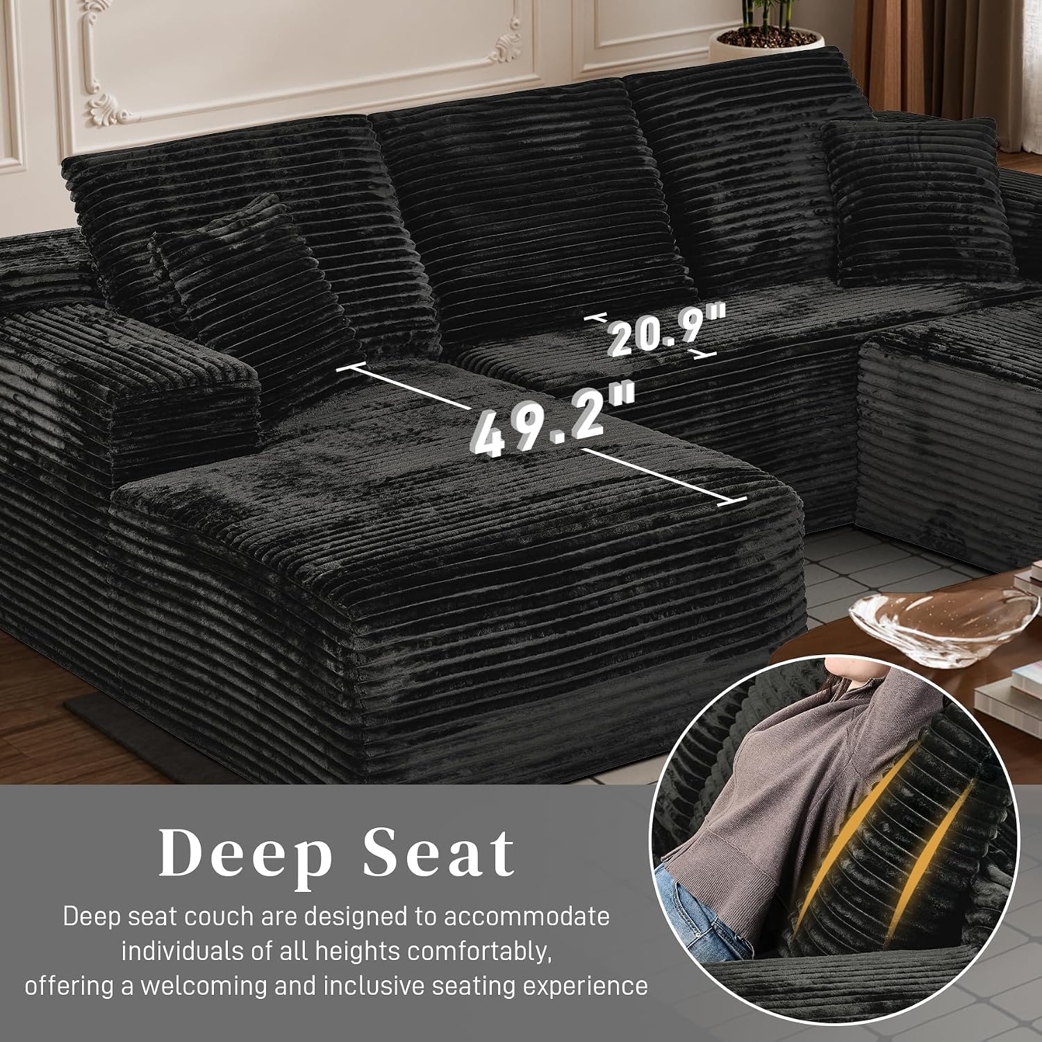 108' Boneless Couches for Living Room, U Shaped Comfy Cloud Modular Sectional Memory Foam Deep Seat Boneless Couch, No Assembly Required Sofa for Living Room with Left Facing Chaise & Ottoman, Black