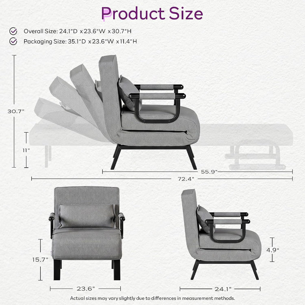 TYBOATLE Folding Chair Bed, Comfy Convertible Sleeper Sofa, 5 in 1 Folding Bed with 5-Position Adjustable Backrest & Pillow, Floor Single Chairs, Cozy Futon Chair for Small Spaces, Office (Light Grey)