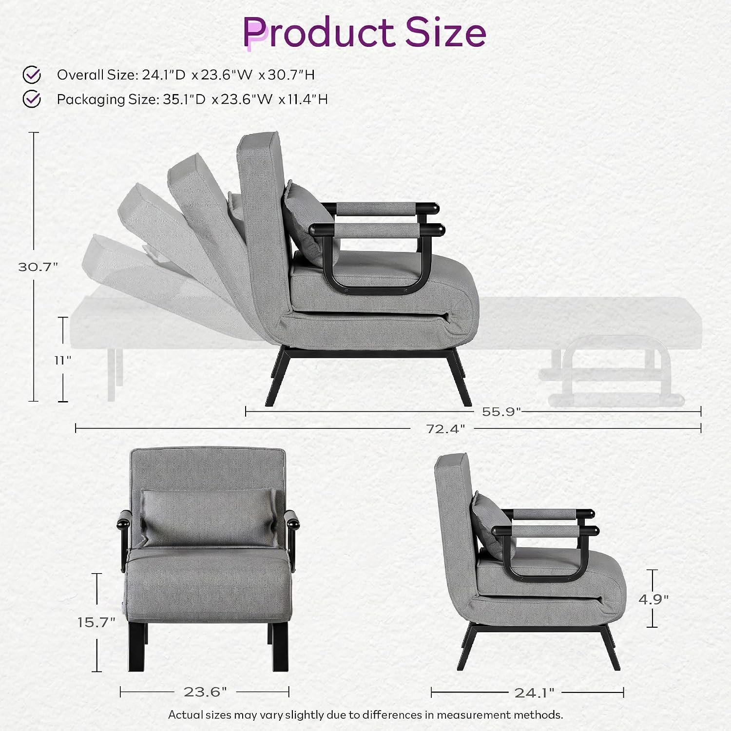 TYBOATLE Folding Chair Bed, Comfy Convertible Sleeper Sofa, 5 in 1 Folding Bed with 5-Position Adjustable Backrest & Pillow, Floor Single Chairs, Cozy Futon Chair for Small Spaces, Office (Light Grey)