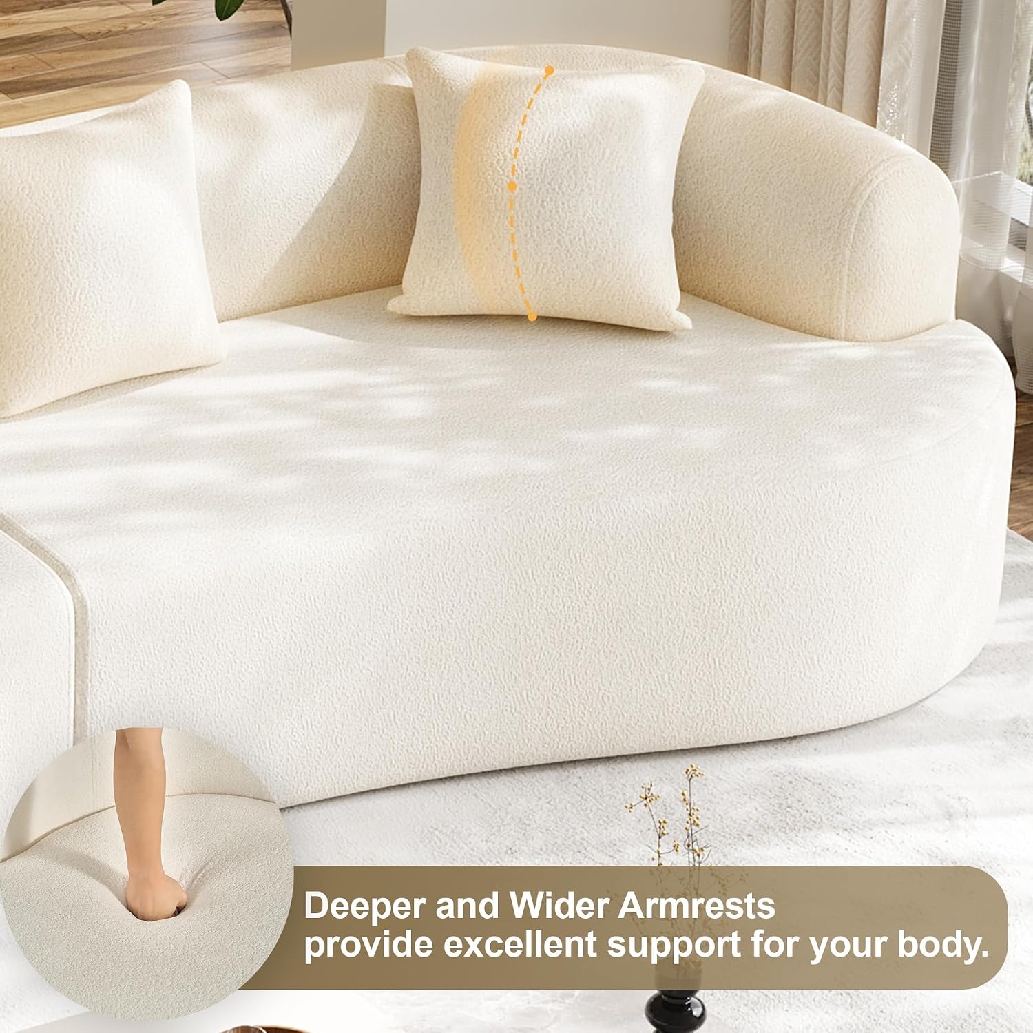 131' Oversized Sectional Sofa for Living Room, Modern Luxury Plush Chenille 4-Seater Extra Deep & Wide Seat Curved Cloud Couch with 4 Throw Pillows, No Assembly Needed, Cream White
