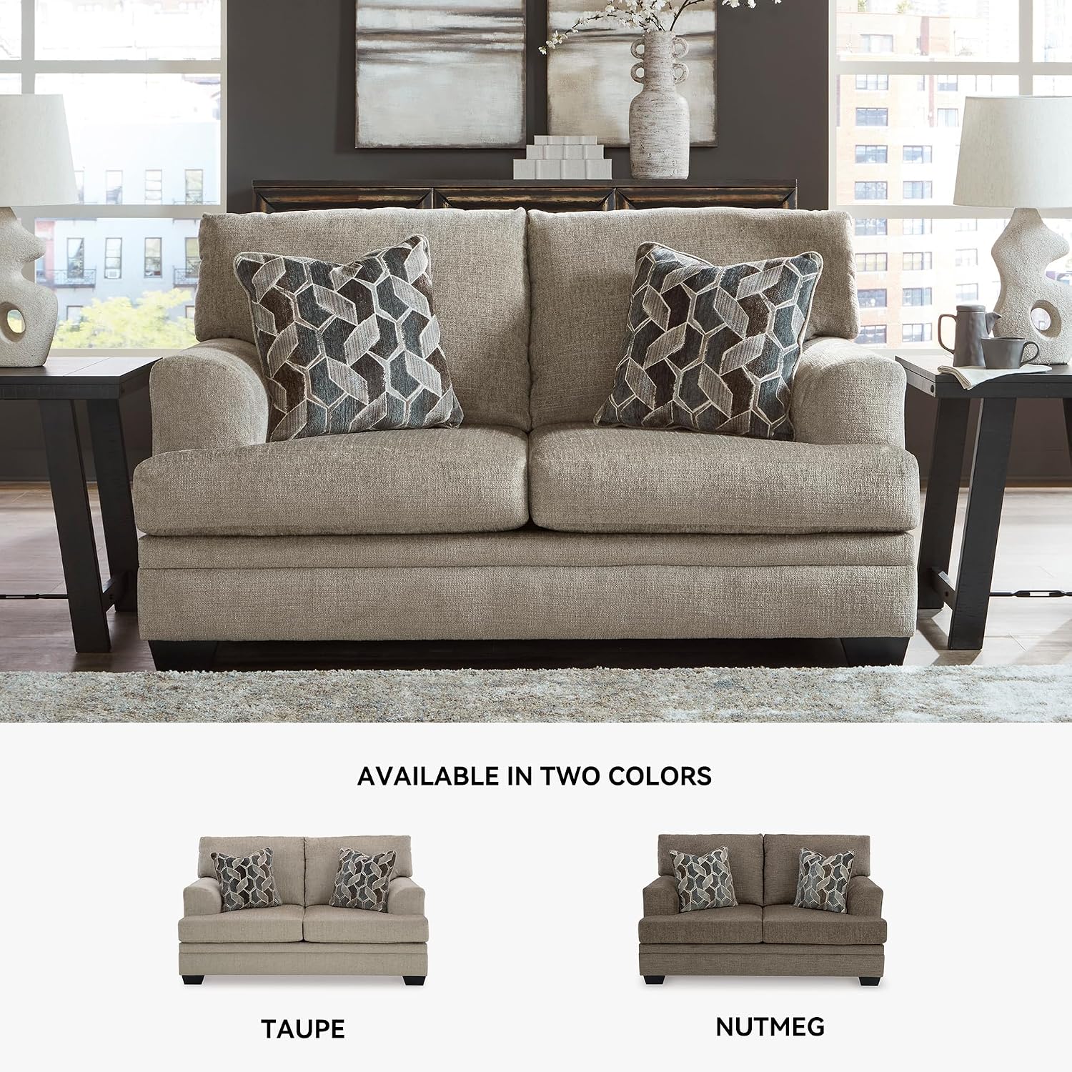 Signature Design by Ashley Stonemeade Casual Loveseat with 2 Toss Pillows, Light Brown