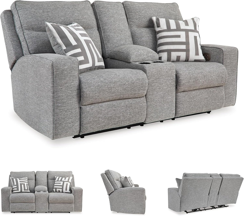 Signature Design by Ashley Biscoe Casual UV Resistant Power Reclining Loveseat with Console, Adjustable Headrest and USB Ports, Light Gray