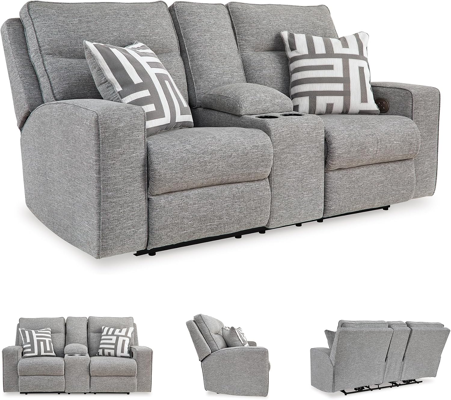 Signature Design by Ashley Biscoe Casual UV Resistant Power Reclining Loveseat with Console, Adjustable Headrest and USB Ports, Light Gray