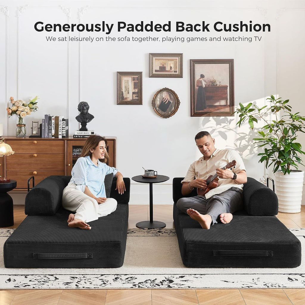 5-in-1 Convertible Sofa Bed No Assembly, 79' Fixed Steel Frame Sleeper with High-Resilience Foam, Corduroy Modular Couch Foldable for Small Space, Apartment, Studio (Black)