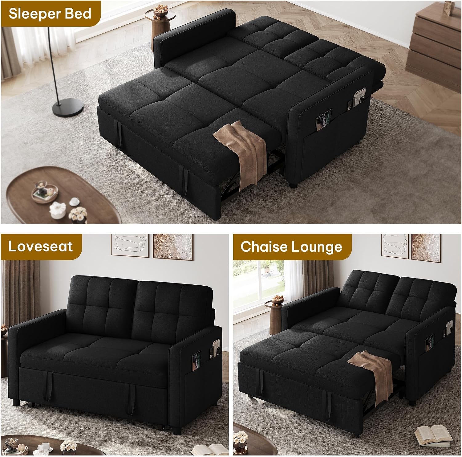 DWVO 55' Convertible Sofa Bed, 3-in-1 Sleeper Sofa with Pull-Out Bed, Linen Futon Couch with Adjustable Backrest and Side Pocket, Modern Loveseat for Living Room Apartment, Balck