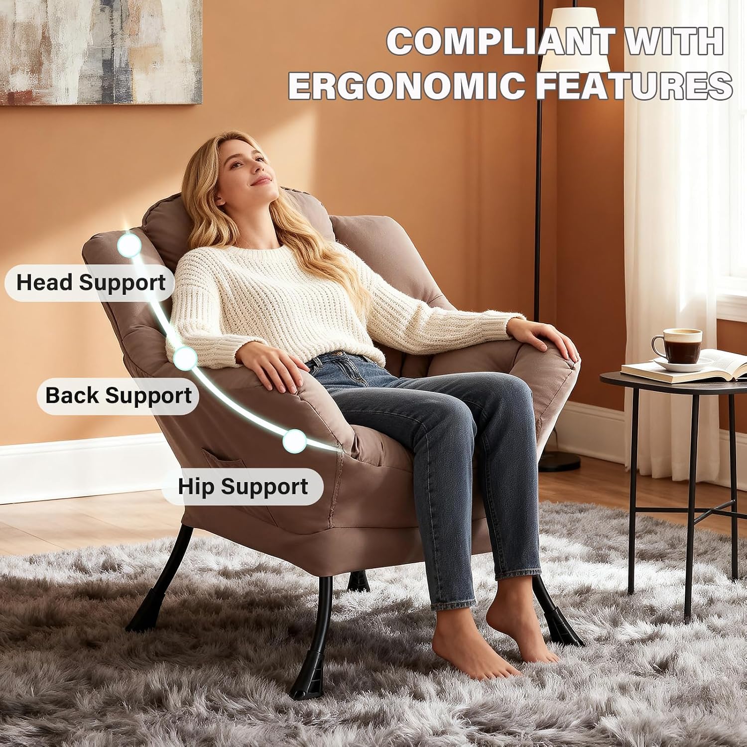 MBOOYOME Lazy Chair, Modern Soft Reading Chair Accent Contemporary Sofa Chair with Armrests and a Side Pocket for Living Room, Bedroom, Dorm & Office, Khaki