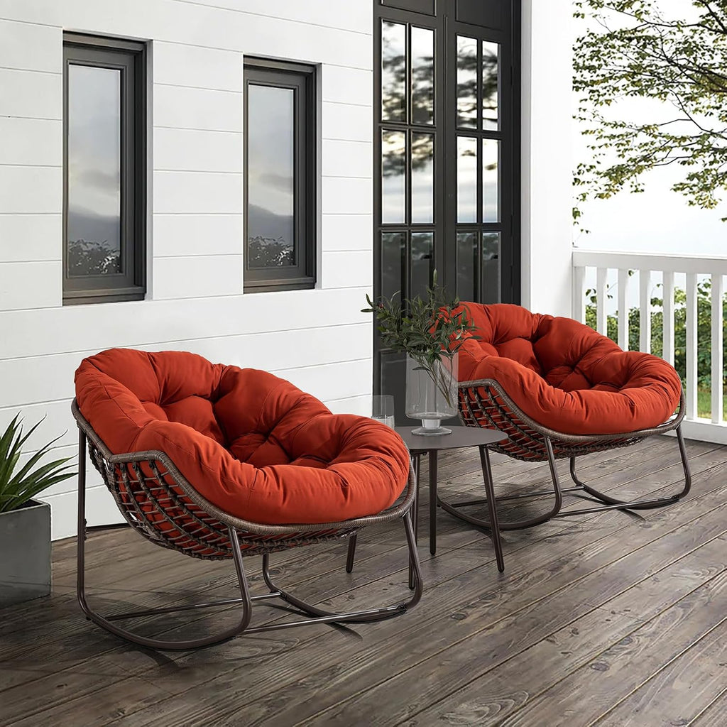 JEEOHEY Papasan Rocking Chairs Outdoor Indoor, Oversized Rattan Rocker Patio Chair with Padded Cushion, Comfy Modern Indoor Egg Chair for Living Room, Bedroom, Porch, Garden, Balcony(Velvet, Orange)