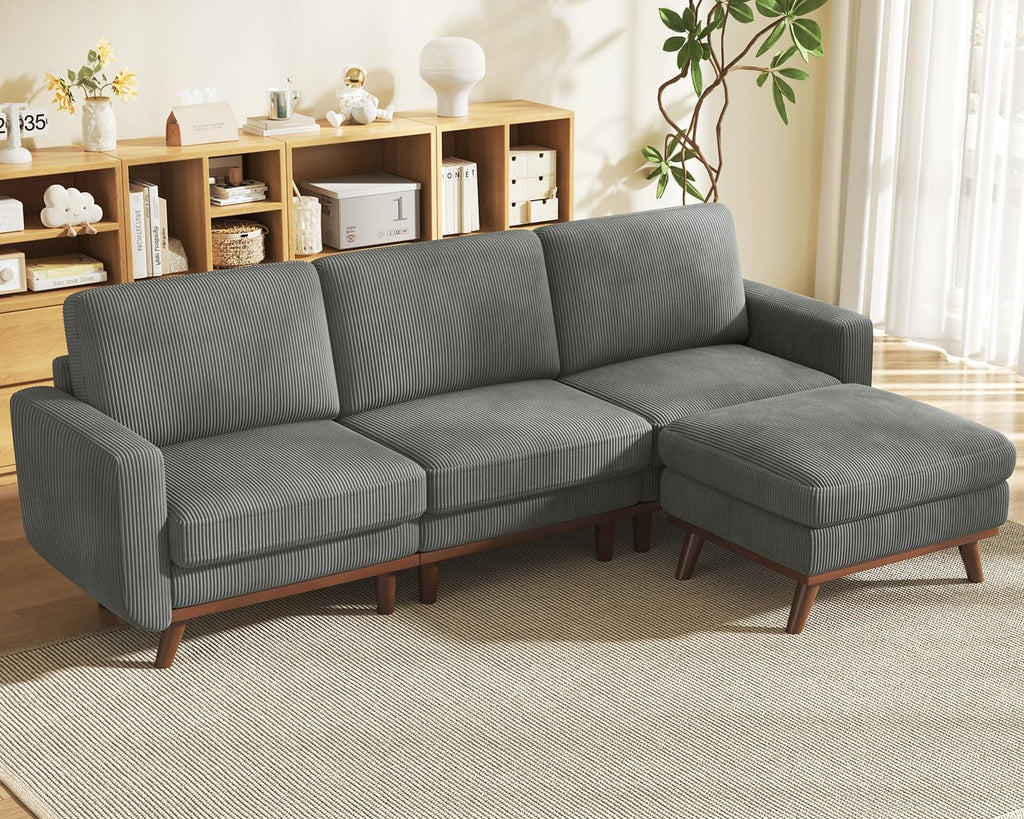 Vesgantti 97' Modular Sectional Sofa Dark Gray, L-Shaped Couch with Movable Ottoman, Comfy Corduroy Couch with Spring Cushion, Modular Sofa with Deep Seat for Living Room, Bedroom and Apartment