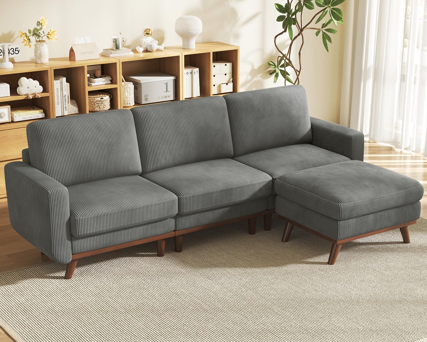 Vesgantti 97' Modular Sectional Sofa Dark Gray, L-Shaped Couch with Movable Ottoman, Comfy Corduroy Couch with Spring Cushion, Modular Sofa with Deep Seat for Living Room, Bedroom and Apartment