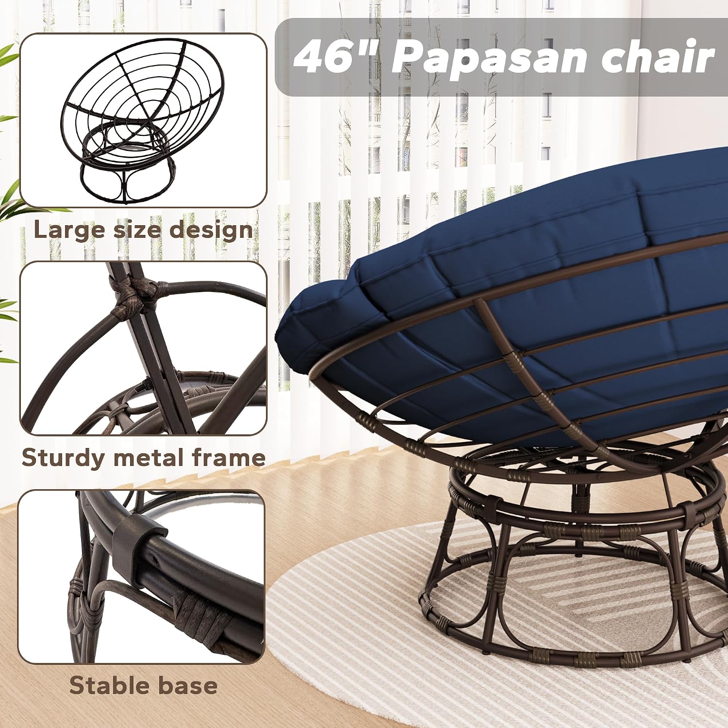 46'' Large Size Papasan Chair with (Non-Swivel) Cushion and Frame, Living Room Chair for Reading, Navy Blue