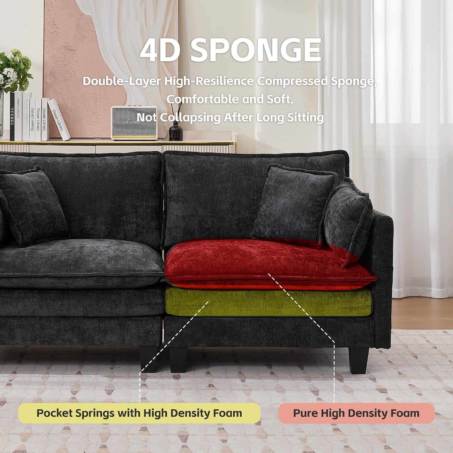 Modular Sectional Sofa, 75' Loveseat Modern Couches for Living Room, Comfy Cloud Couch with Deep Seat for Office and Apartment, with Charger, USB & Type-c Port, Black Chenille Fabric