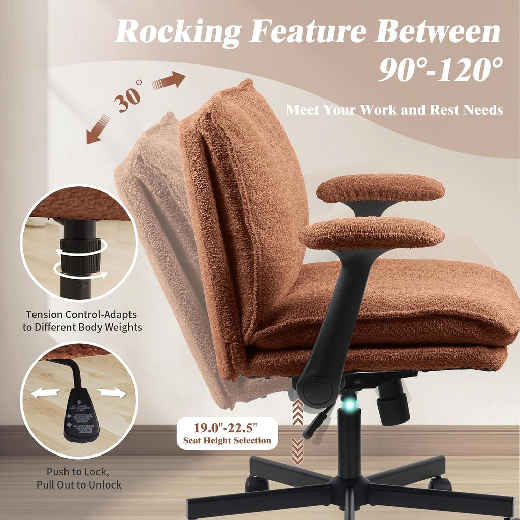 Kassipo Criss Cross Legged Office Chair with Wheels and Flip-Up Arms, Upholstered Criss Cross Desk Chair, Wide Seat Chairs for Home Office, Vanity, Apartment, Orange