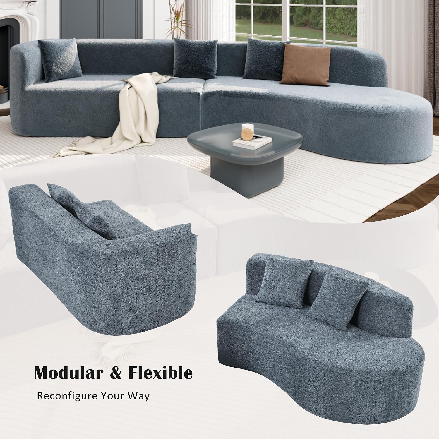 Merax Modern Minimalist Large 2-piece Sectional Curved Chenille Sofa with 3 Pillows and High-Density Foam for Luxurious Comfort and Seamless, for Living Room, Bedroom, Blue