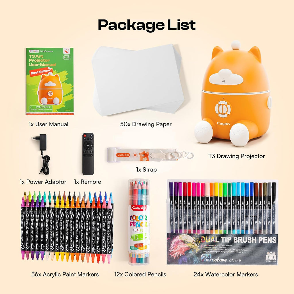 Caydo T3 Smart Drawing Projector Kit, Includes 12 Colored Pencils, 36 Acrylic Paint Markers, 24 Watercolor Markers & 50 Sheet Drawing Paper, Art Craft Birthday for Kids Ages 5-12