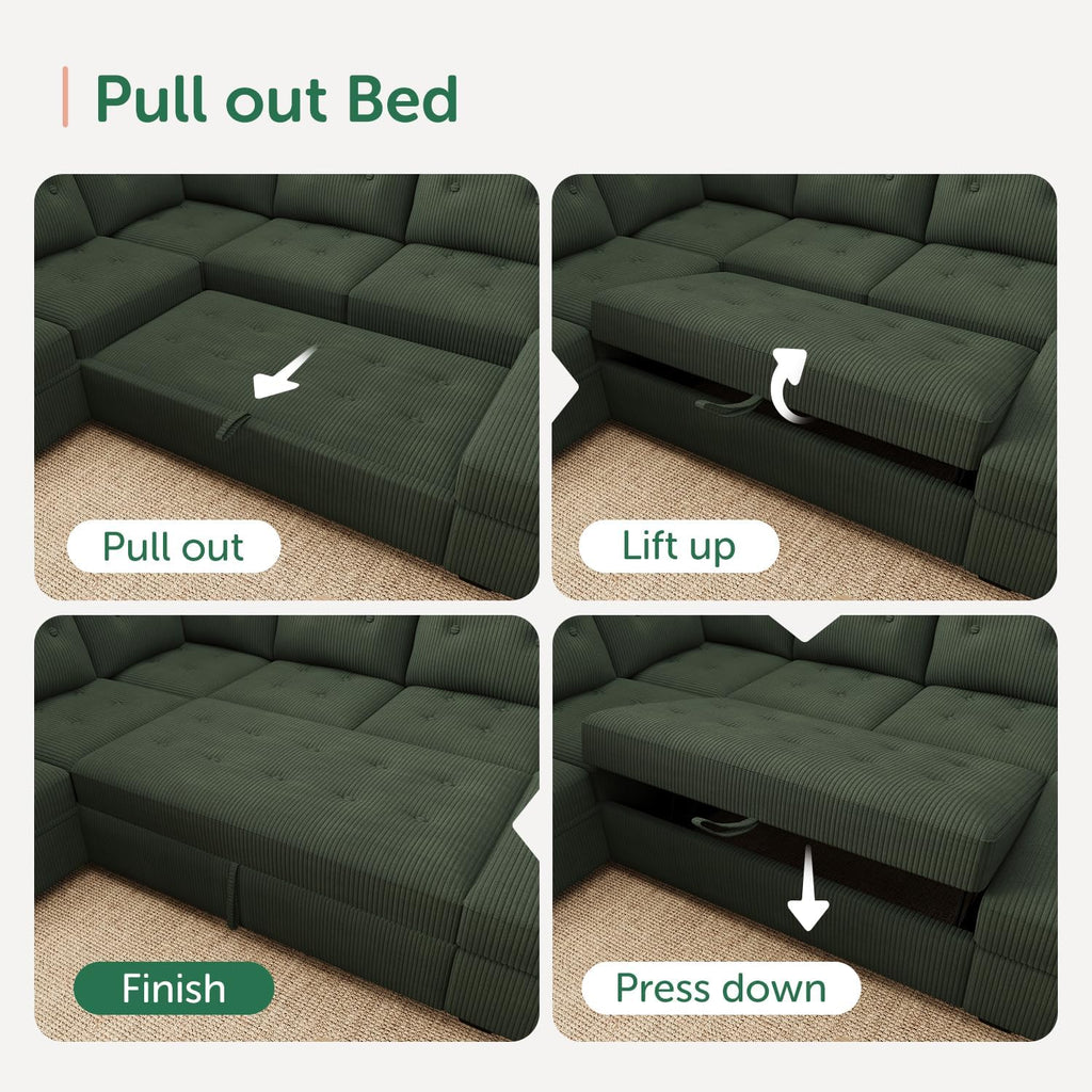 HONBAY Sectional Sleeper Sofa Bed with Storage Chaise, Sleeper Sectional Pull-Out Sofa, Sectional Sleeper Couch for Living Room, Velvet Green