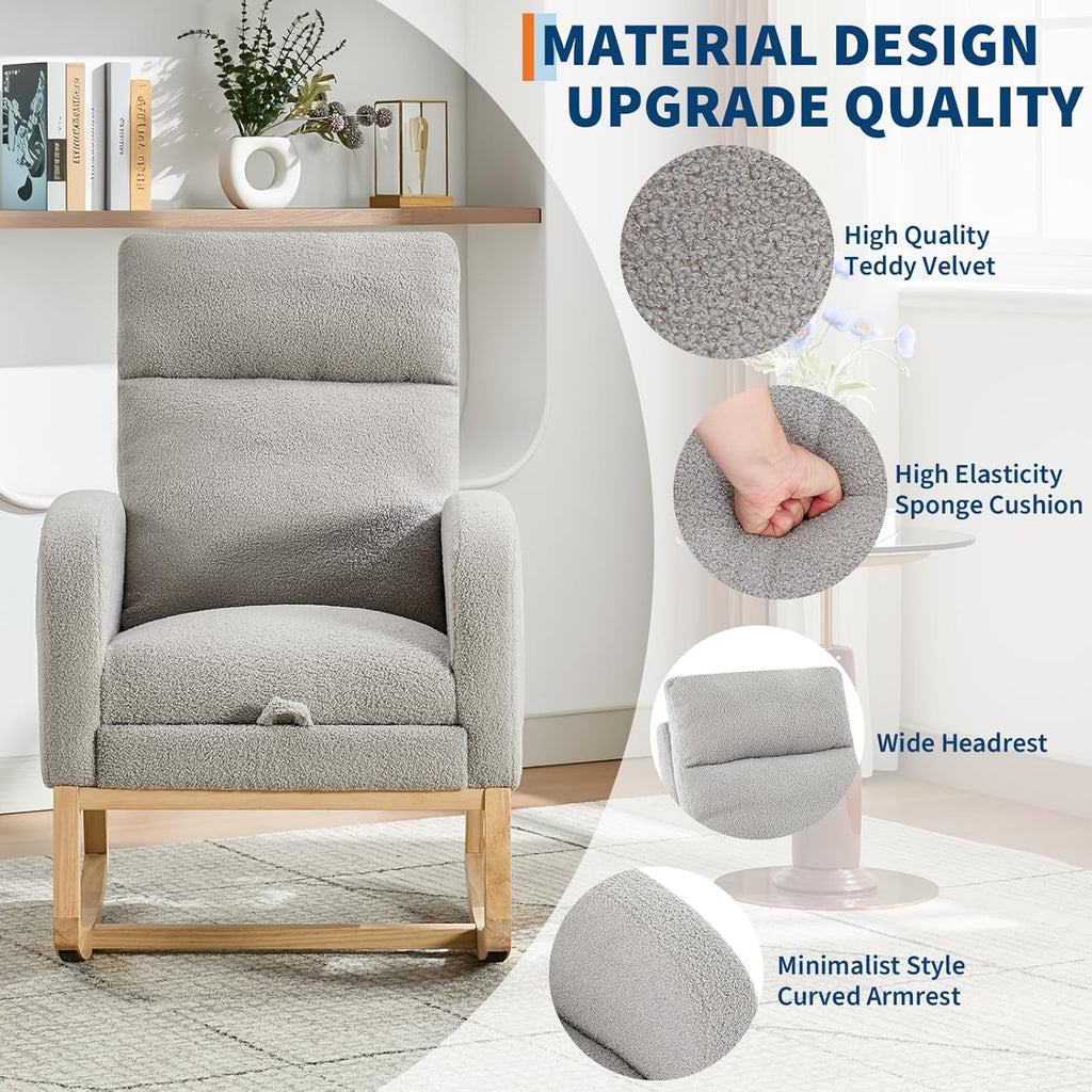Nursery Rocking Chair with Foot Rest,Modern PU Upholstered Reading Glider Chair,High Backrest & Side Pocket for Living Room, Bedroom, Baby Room