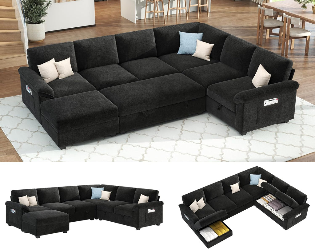 Jocisland 105' Sofa Bed, Sectional Sleeper Sofa with Pull Out Bed/Reclining Backrest, Sleeper Couch Bed with Storage, 6 Seater Couch Bed for Living Room, Chenille Black