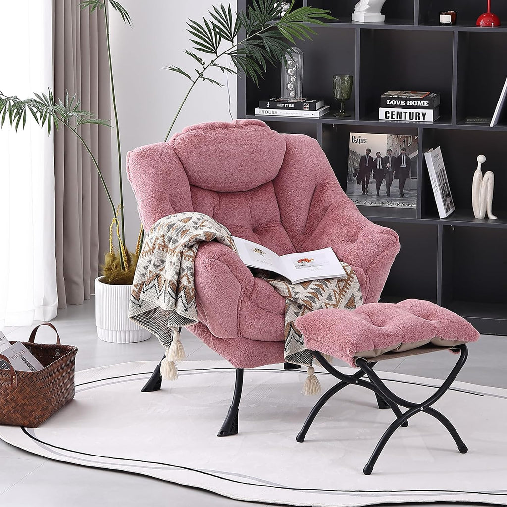 MBOOYOME Lazy Chair with Folding Ottoman, Modern Accent Armchair with Armrests and a Side Pocket & Foldable Footstool, Reading Chair for Living Room, Bedroom & Dorm, Plush Dark Pink