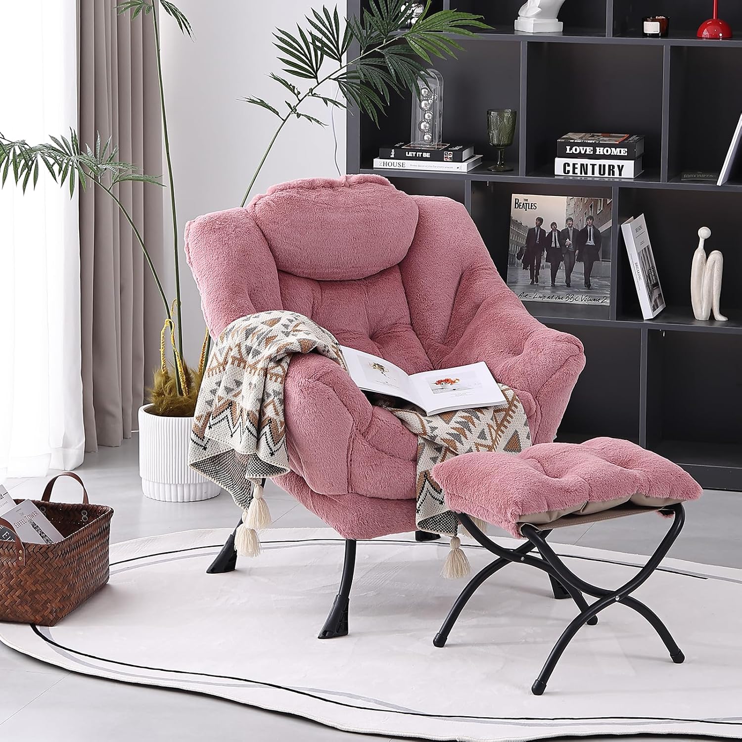 MBOOYOME Lazy Chair with Folding Ottoman, Modern Accent Armchair with Armrests and a Side Pocket & Foldable Footstool, Reading Chair for Living Room, Bedroom & Dorm, Plush Dark Pink