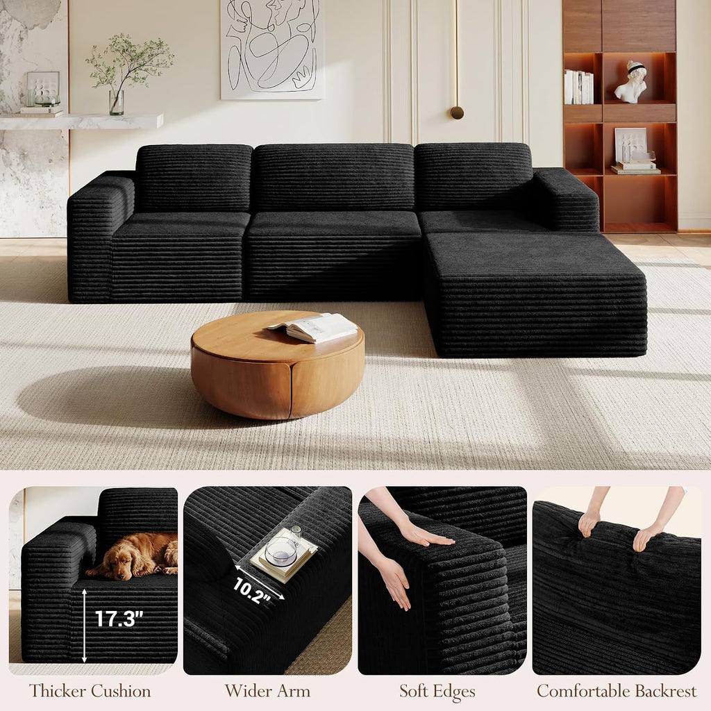 Vesgantti 119' L-Shaped Modular Sectional Sofa, Corduroy Cloud Couch with Deep Seating & Spring Support, Flexible Layout Sofa with Ottoman, Boneless Style, No Assembly Required, Black