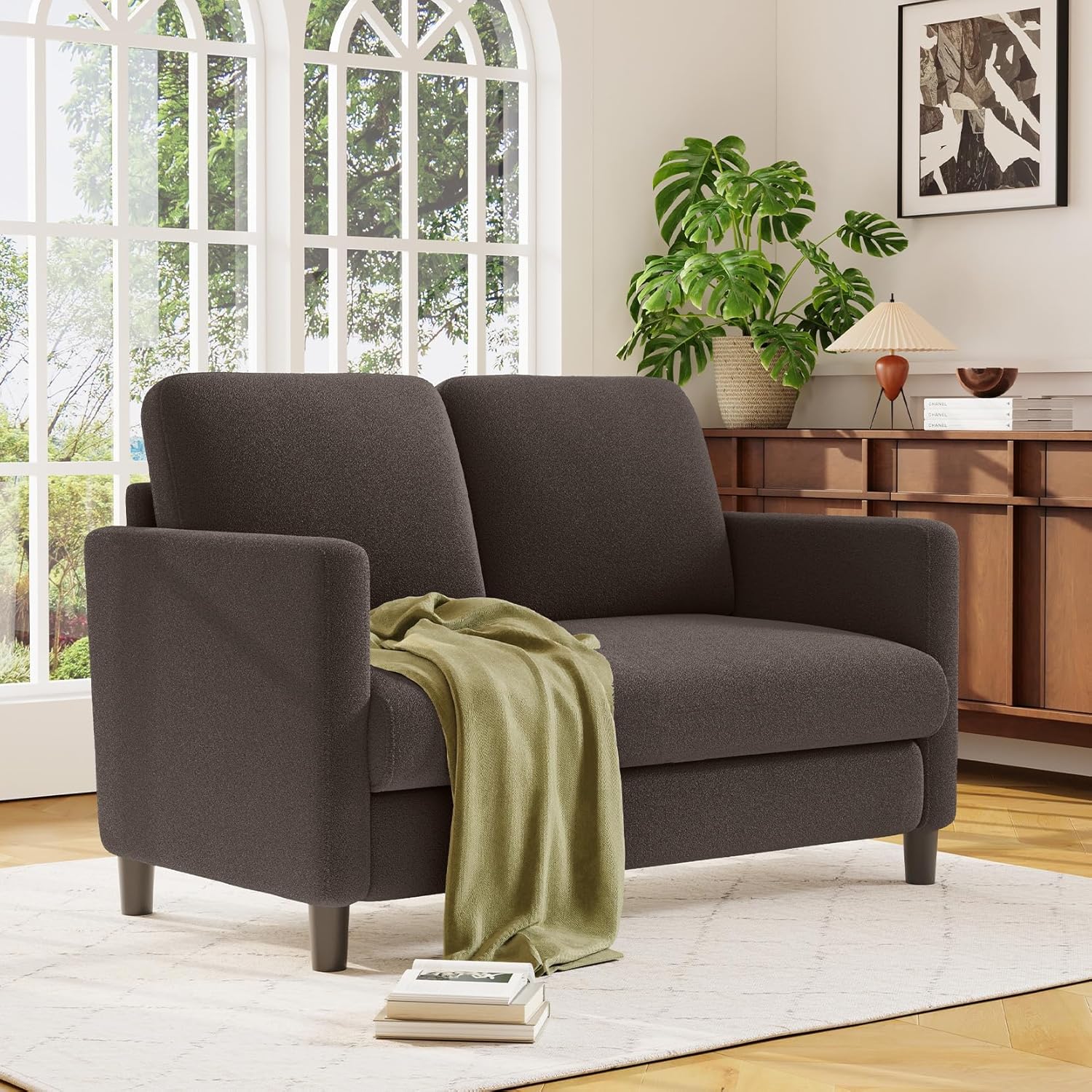 Welzona Loveseat, 51' Small Couch, Comfy Teddy Love Seat for Living Room, Tool-Free Setup Loveseat Sofa for Small Spaces, All-Wood Small Sofa Couch for Bedroom, Brown
