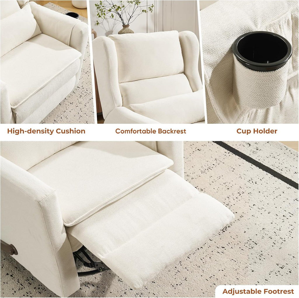Rocking Chair Nursery with Adjustable Headrest,Comfy Swivel Rocker Recliner with Lumbar Support, Manual Nursery Chair Rocker Recliner with Cup Holder and Side Pockets, White