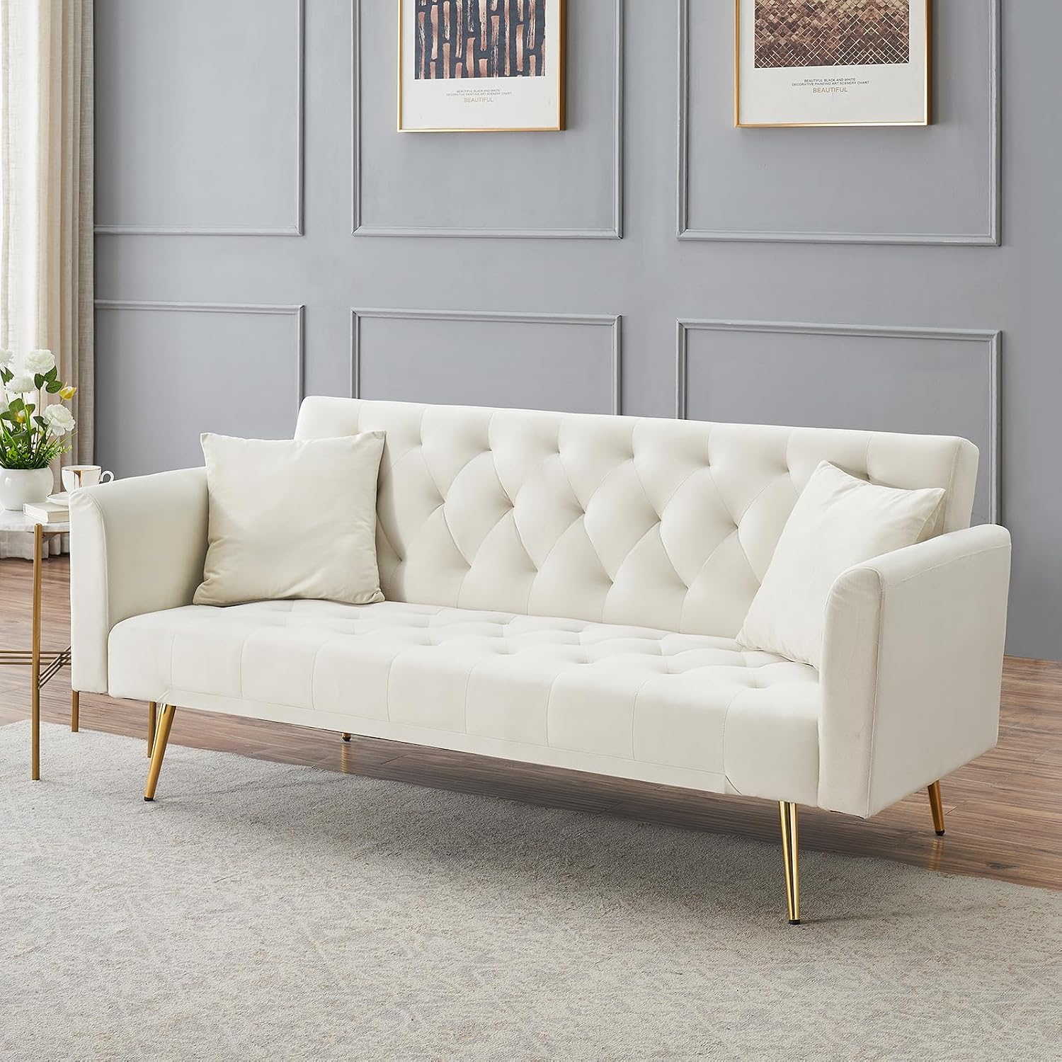 71' Modern Velvet Sofa Bed Futon, Convertible Sleeper Couch with Adjustable Backrest, Tufted Recliner Loveseat with Golden Chrome Legs & 2 Pillows for Small Spaces, Living Room, Apartment (Beige)