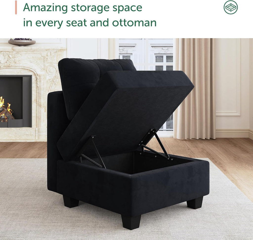 HONBAY Sectional Couch with Storage, Modular Sectional Sofa, Velvet Couches for Living Room, Black