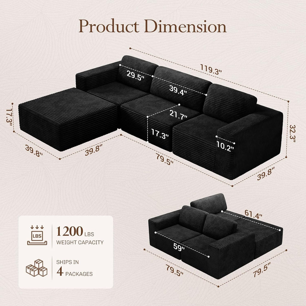 Vesgantti 119' L-Shaped Modular Sectional Sofa, Corduroy Cloud Couch with Deep Seating & Spring Support, Flexible Layout Sofa with Ottoman, Boneless Style, No Assembly Required, Black