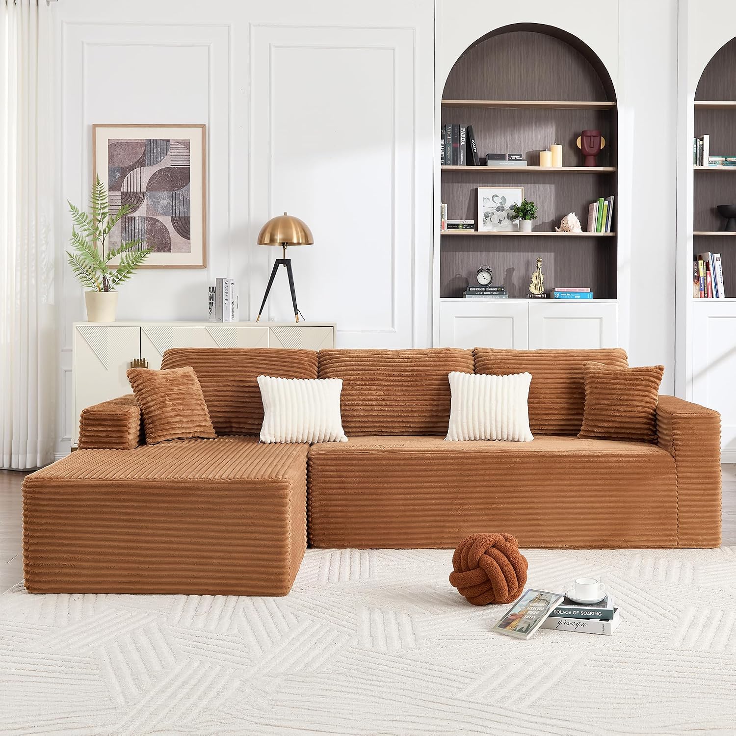Opiesit 108' Boneless Couches for Living Room, Modular Sectional Sofa with Oversized Chaise, L-Shape Cloud Couch with Deep Seat, High-Density Memory Foam, No Assembly Required, Plush Corduroy Brown