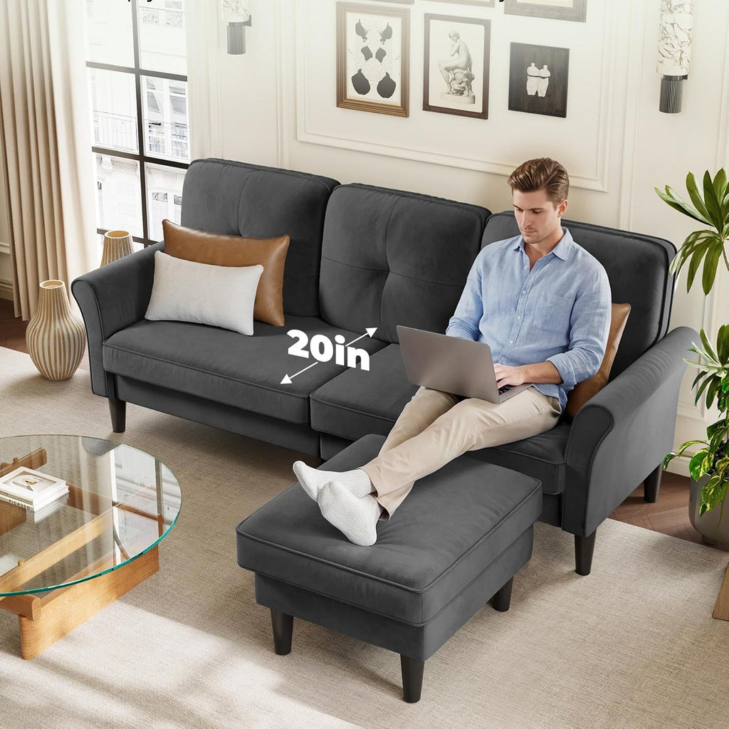 Welzona Sofas for Living Room, 83' Velvet Sectional Couch with Moveable Ottoman, Midcentury Modern Small Sectional Couch, L Shape Sofa & 3 Seater, Couches for Living Room, Apartment, Bedroom, Grey
