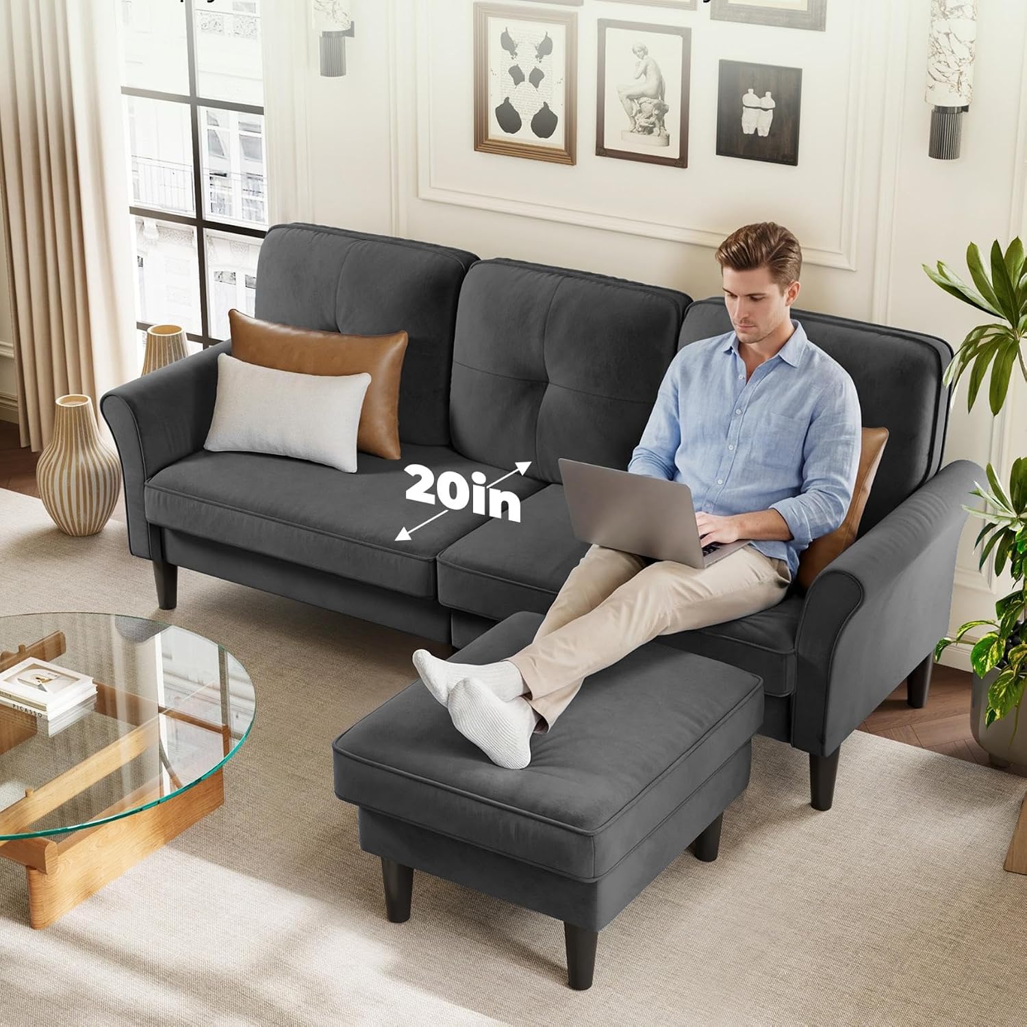 Welzona Sofas for Living Room, 83' Velvet Sectional Couch with Moveable Ottoman, Midcentury Modern Small Sectional Couch, L Shape Sofa & 3 Seater, Couches for Living Room, Apartment, Bedroom, Grey
