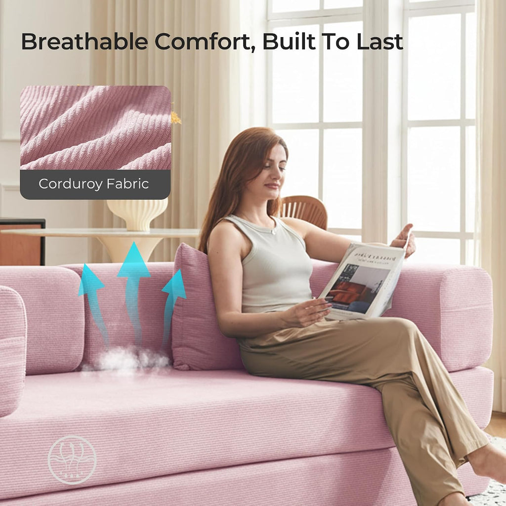 79' Convertible Sofa Bed with Pillows, Corduroy Folding Sleeper Sofa with Fixed-Shape Frame, Boneless Couch for Living Room Bedroom, Floor Sofa Lounge No Assembly Required (A - Style - Pink)