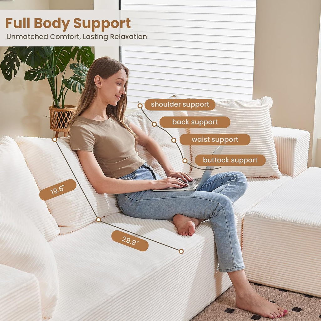 108' L-Shaped Boneless Couch, Modular Sectional Sofa with Moveable Ottoman, Corduroy Cloud Couches for Living Room, No Assembly, Ship in a Box, Beige