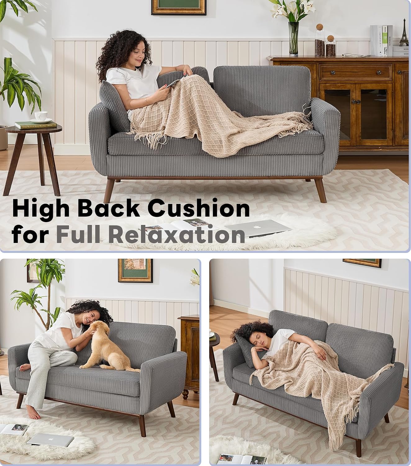 Kingfun 65' Corduroy Love Seat with Spring Cusions, Mid Century Modern Loveseat Sofa for Livingroom & Bedroom, Comfy Upholstered Small Couch, Gray